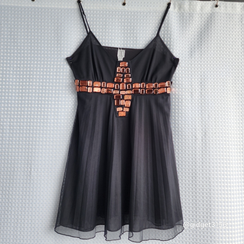 EUC TRISTAN BLACK SHEER LINED STRAPPY TOP COPPER BEAD EMBELLISHMENTS - SIZE MED